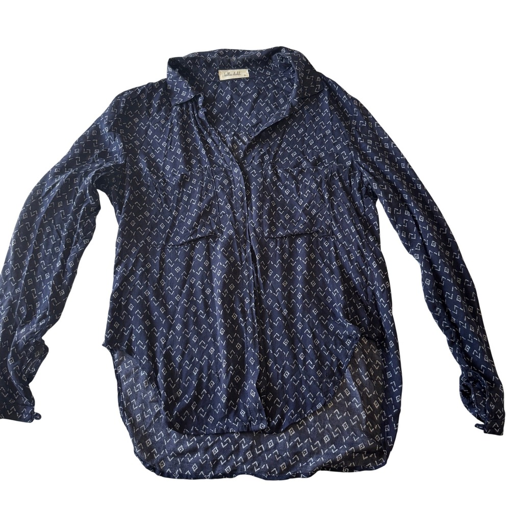Bella‎ Dahl Hipster Blouse Small Blue Geometric Print Button Front Shirt Top